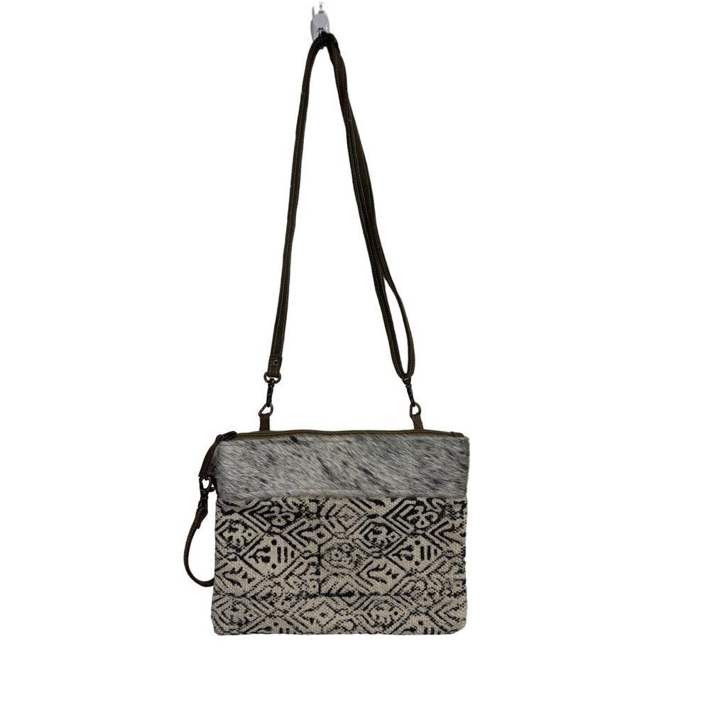 Myra Beige Black Zip Cow Hair Leather Boho Western Crossbody Purse Bag - Picture 1 of 7